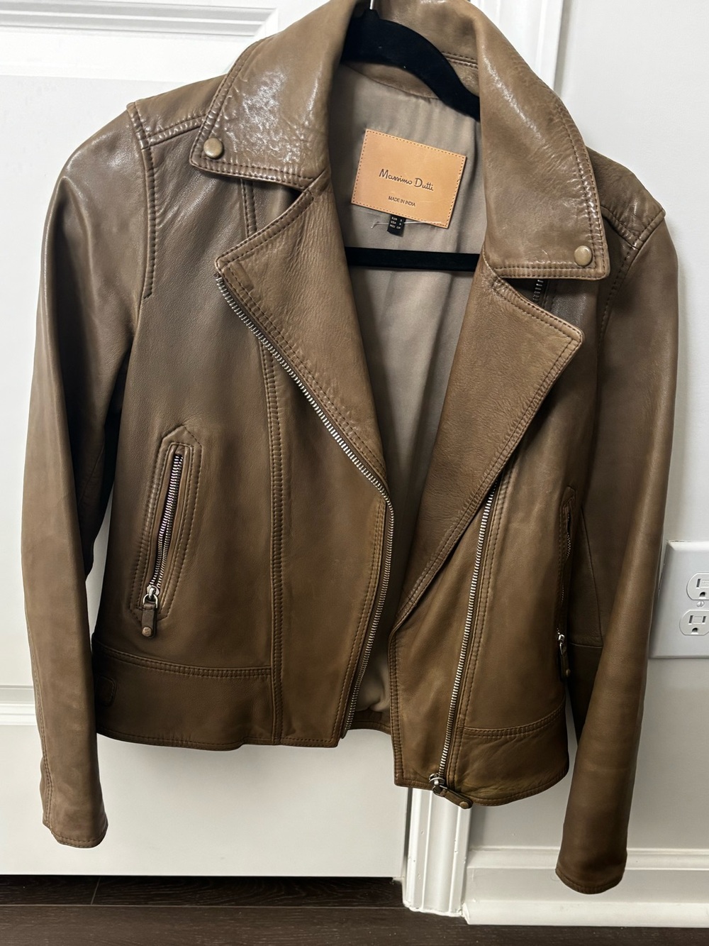 Massimo Dutti Army Green Leather Biker Jacket